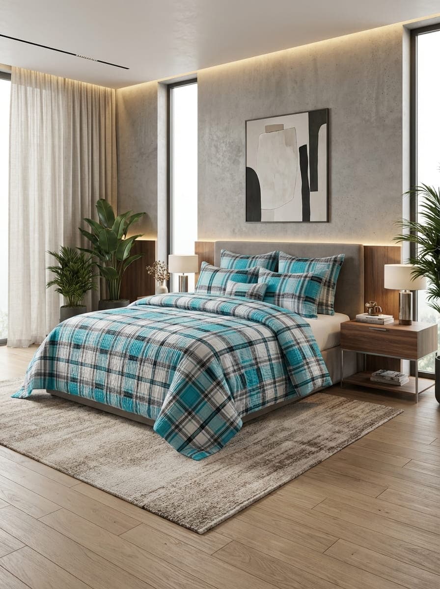 Pościel z kory w kratę turkusowo-szarą – nowoczesny styl i komfort bez prasowania