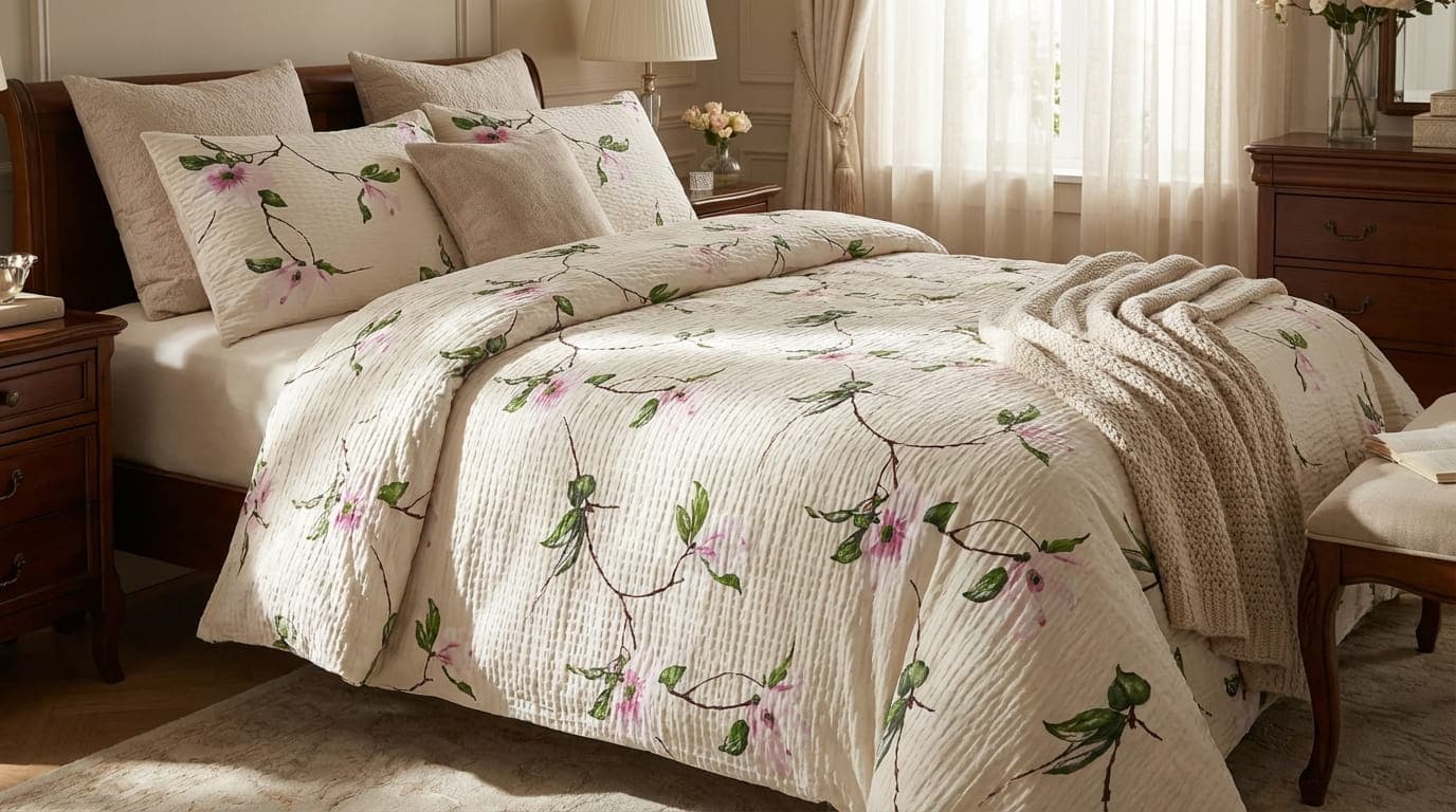 Pościel z kory Magnolia Różowa 160x200+2x70x80 – delikatny kwiatowy wzór | BERTAX Bielawa